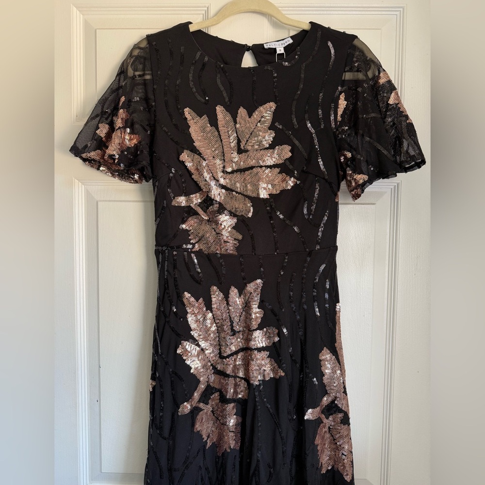 Baltic Born Muse Sequin Maxi Dress Black Rose Gold Flutter Sleeve Size 4 - Picture 2 of 11